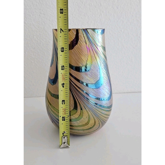 Teleflora Swirl Iridescent Blue Green Purple Gold Vase Modern Art Glass 7" - Picture 8 of 9